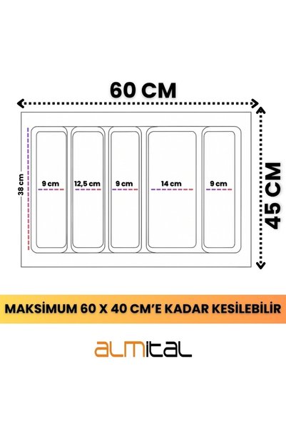 almital mobilya aksesuarları furniture accessories 60X45 Cm. 5-Compartment Anthracite Drawer with a Steel Scoop, Can Cut up to 60*40 Cm.