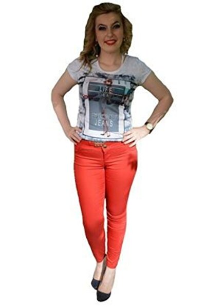 OEM Pantalon fashion de culoare rosie, talie medie, decor de cristale