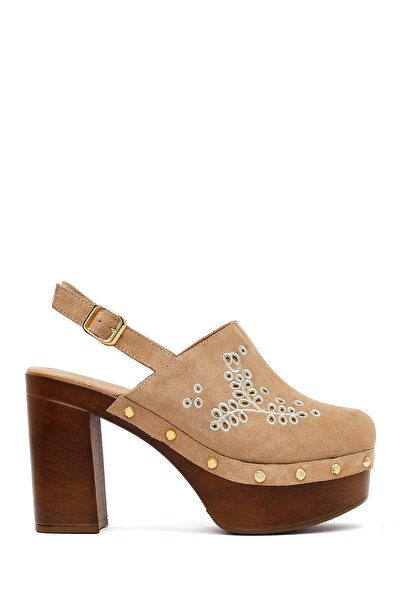 Derimod Women's Beige Ankle Buckle Platform High Thick Heeled Suede Leather S...
