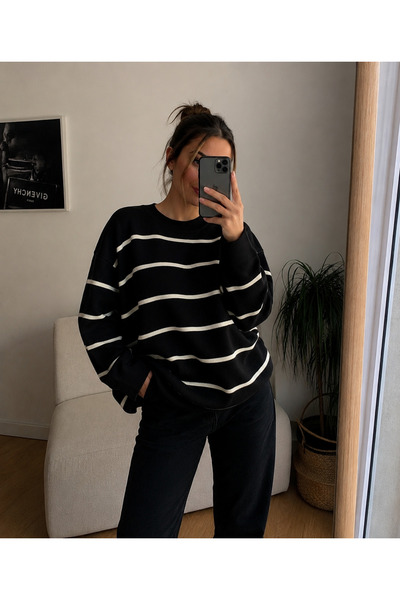 threeoff Kadın Premium Çizgili Triko Kazak Bisiklet Yaka Yumuşak Dokulu Oversize