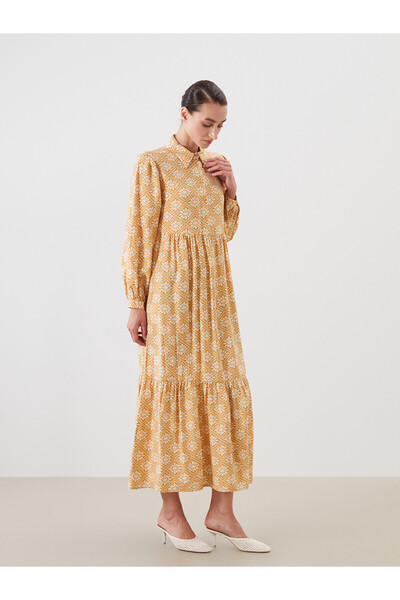 LC Waikiki Nevavm Shirt Collar Patterned Balloon Sleeve Layered Dress with a ...