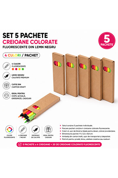 ROLY Set 5 Pachete Creioane Fluorescente pentru Copii, 4 Culori/Pachet, Cutie...