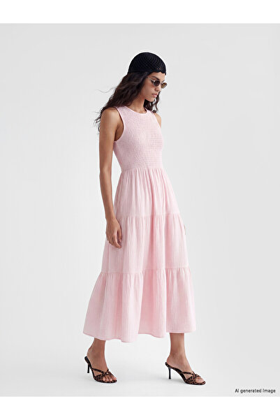 LC Waikiki Two Mt Shop Quality Oval Collar Layered Muslin Dress