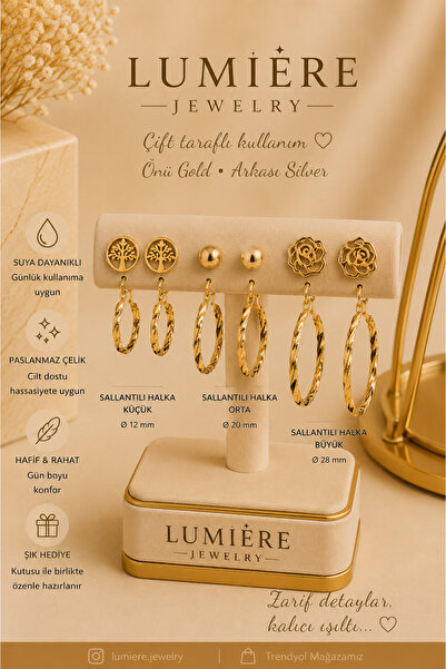 LUMİERE JEWELRY 316L ÇELİK TWİST HALKA KÜPE 6’LI SET-GOLD