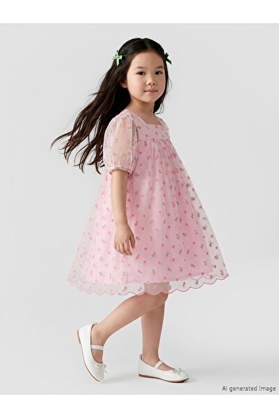 LC Waikiki Nevavm Square Neck Floral Girl's Tulle Dress with Difference