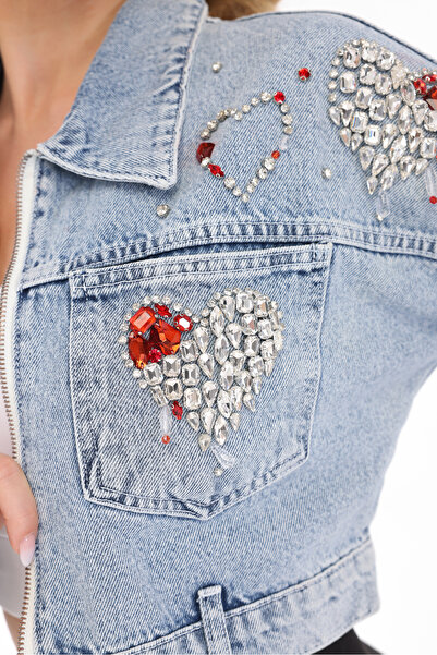RENGARENG Kadın Tasarım Denim Ceket Renkli Taş Detaylı Mavi Slim Kalıp Crop K...