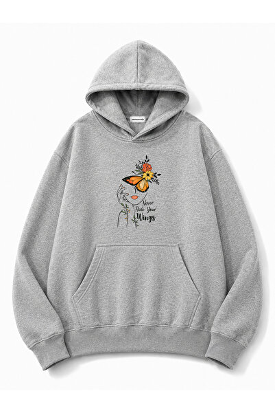 herkesemoda Portrait and Butterfly Printed Hooded 2 Thread Threaded Sweatshirt