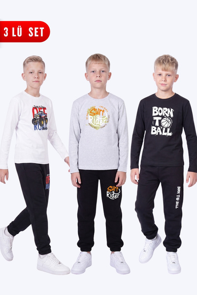 FYK KİDS 3-Piece Boy's Round Neck Top and Bottom Set with Print Detail and El...