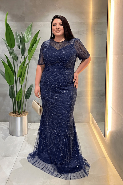 giyimmasalı Sequin Fabric Detachable Collar Evening Dress - Dark Blue
