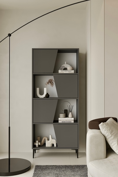 Furnitt Home Roma Gri Kitaplık 175 cm - Vitrin - Gümüşlük (100% MDF) Metal Ayak