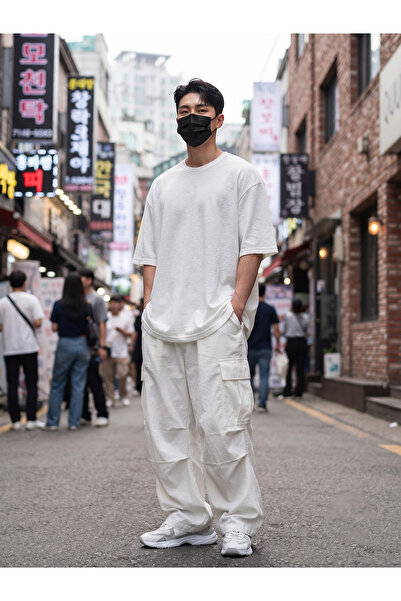 Beyaz Örme Keten Görünümlü Oversize Düz Basic T-Shirt