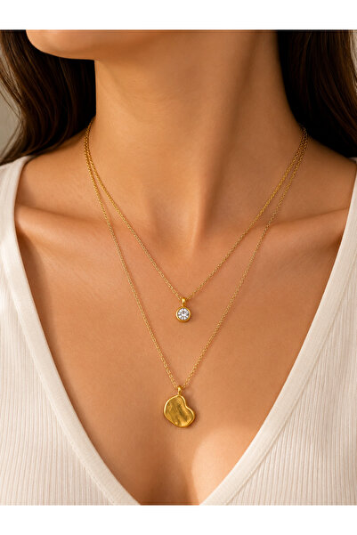 Bymiel Women's Gold Double Layered Heart and Zircon Stone Detailed 316L Stain...