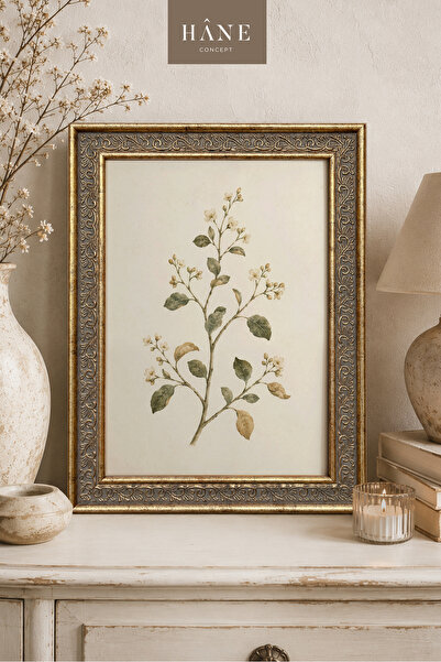 Hane Concept Vintage Çiçekli Dal Botanik Tablo, Eskitme Gold Çerçeveli