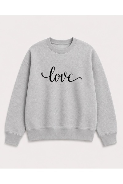 herkesemoda Love Text Print Detailed Embroidered 2 Thread Crew Neck Sweatshirt