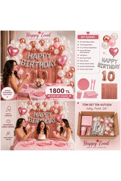 Happyewent Happy Event Rose Gold & White Birthday Party Set |   Background, Happy Birthday Letter Balloon, Age Balloon, Table Decoration, Plate, Cup, Fork, Knife |   The Complete Party Concept