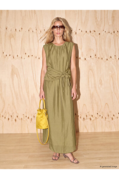 LC Waikiki Khaki Crew Neck Tie-Waist Dress