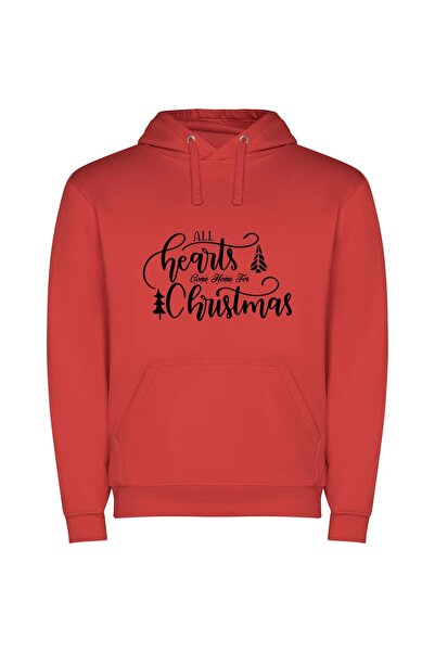 iLovePrints Hearts Home for Christmas Φούτερ με κουκούλα σε χρώμα Κόκκινο