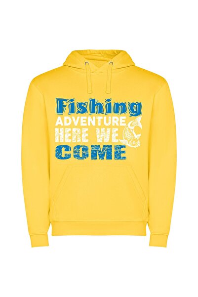 iLovePrints Blue-White Fishing Welcomes All Φούτερ με κουκούλα σε χρώμα Κίτρινο