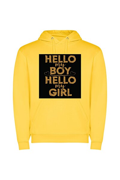 iLovePrints Hello My World Φούτερ με κουκούλα σε χρώμα Κίτρινο