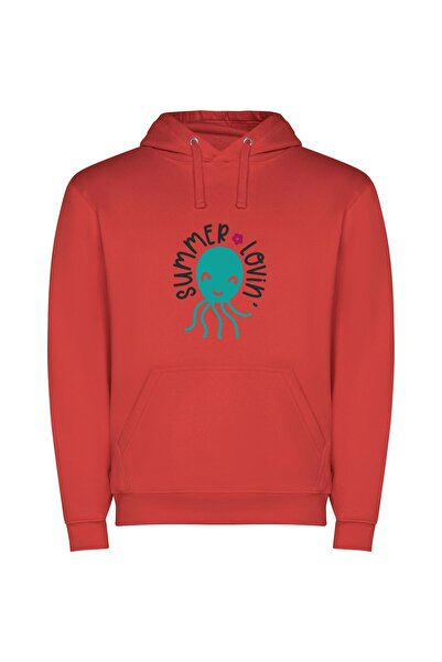 iLovePrints Summer's Floral Octopus Bliss Φούτερ με κουκούλα σε χρώμα Κόκκινο