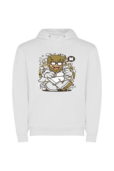 iLovePrints Cartoon Geek: Official Character Φούτερ με κουκούλα σε χρώμα Λευκό