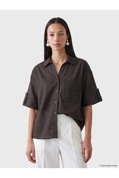 LC Waikiki Brown Embroidered Women's Shirt with Pockets