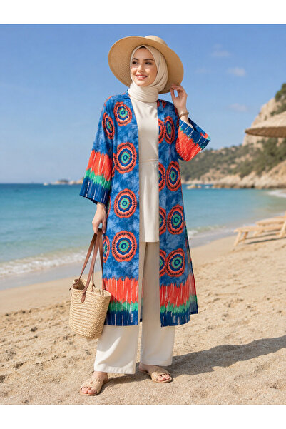 forte bella Trend Etnik Desen Tesettür Pamuklu Viskon Kuşaklı Kimono