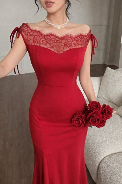 Gökyüzü Moda فستان نسائي طويل من الكريب المستورد بتفاصيل دانتيل على الصدر وال...