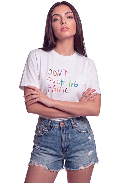 Color Luxe Women's Don'T Fcking Panic Printed Relaxed Fit T-Shirt White