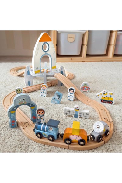 Tooky Toy Set de șine din lemn pentru tren spațial