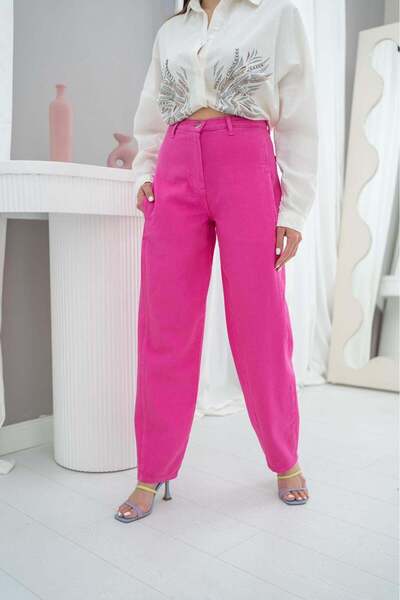 Moda Days Women's Fuchsia High Waist Straight Cut Long Leg Trousers with Side...