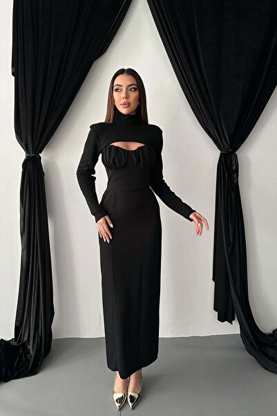Moda Days Women's Black Dress Long Sleeve Turtleneck Cut Out Midi Tight Dress...