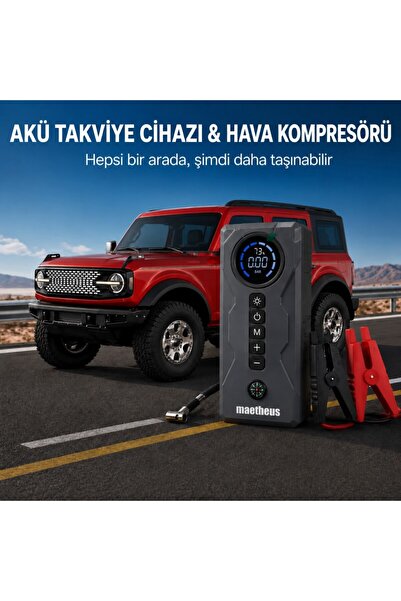 maetheus 4-in-1 Akü Takviye Cihazı 16000mAh | 150 PSI Kompresör | Powerbank | LCD Ekran | LED Fener | EVA Çanta | 2000A Tepe Akım