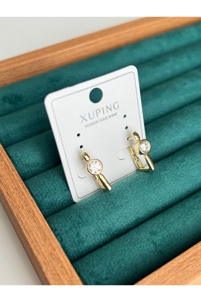 BusradanDesign Xuping Gold Color Round Zircon Stone Hoop Earrings – Minimal Stylish Women's Earrings