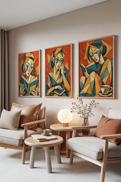 Zestia Set de 3 tablouri cu rame din lemn, set portret femeie citind o carte ...