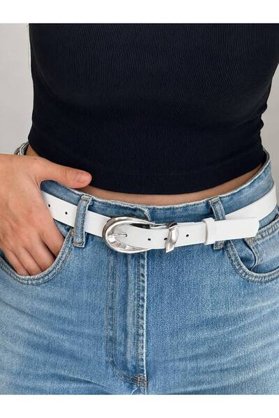 LİA KEMER Silver Belt with Patterned Buckle, Jacket Belt, Pants Belt, Daily Belt
