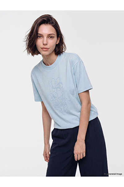 LC Waikiki Blue Embroidered Cotton Women's T-Shirt
