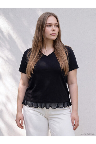 LC Waikiki Vizyon New Season Black Plus Size Lace Detailed Blouse