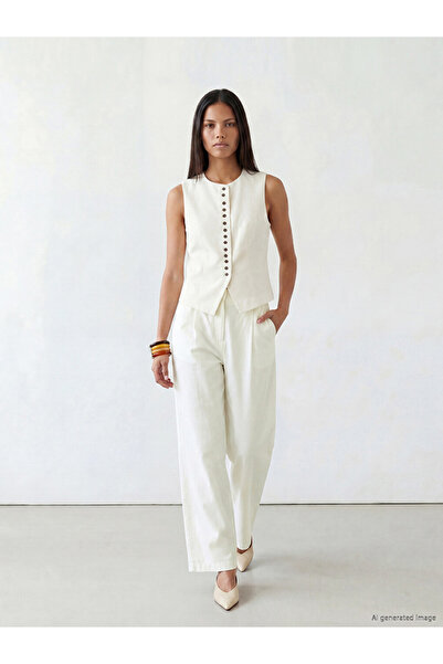 LC Waikiki White High Waist Pleated Women's Fabric Trousers