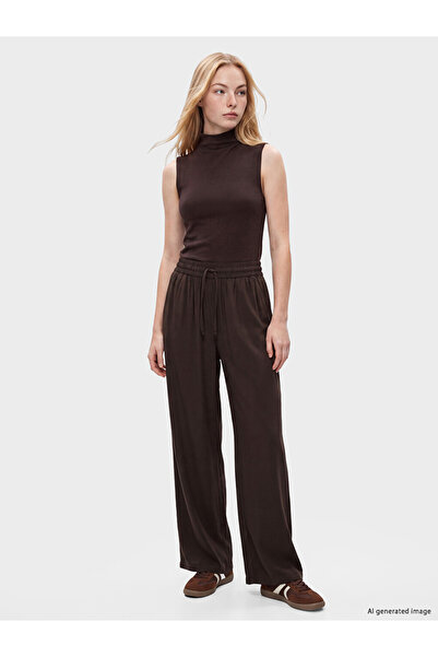 LC Waikiki Brown Wide Leg Women's Trousers with Elastic Waist