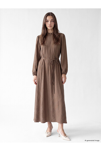 LC Waikiki Brown High-Neck Belted Modal Blend Dress