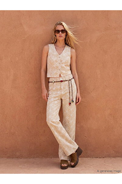 LC Waikiki Beige Straight Fit Embroidered Women's Jean Pants