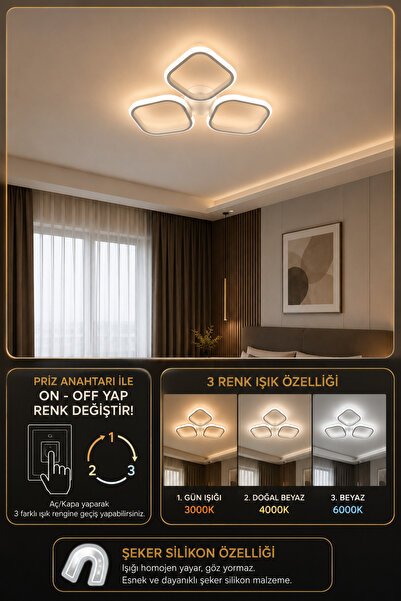 Modavize Liya Modern Tasarım PLAFONYER BEYAZ AVİZE 3LÜ Renk Gün Işığı, Beyaz ve Sarı ışıklı Ledli Banyo - Mutfak - Salon Ledli Plafonyer Avize