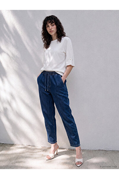LC Waikiki Navy Blue Elastic Waist Straight Fit Women's Jean Trousers