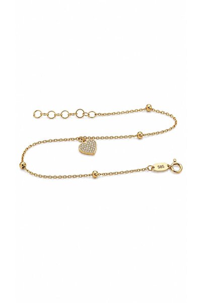 Aur 585 Brățară de picior din aur galben 14k, cu inimă și bile decorative, 22...