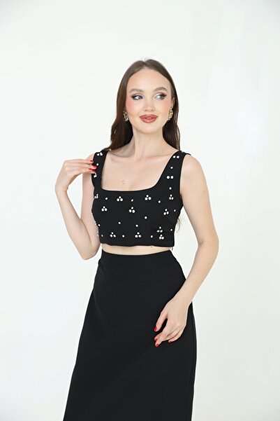 2TRENDY Women's Black Rhinestone Sleeveless Crop Top