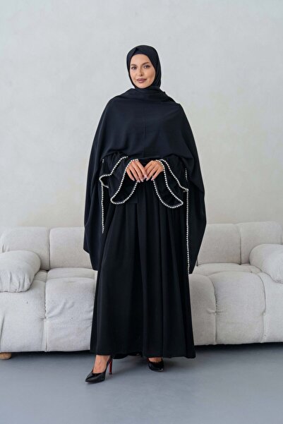 inci wears فستان من حرير المدينة مع أكمام مزدوجة الطبقات مزينة باللؤلؤ وشال م...