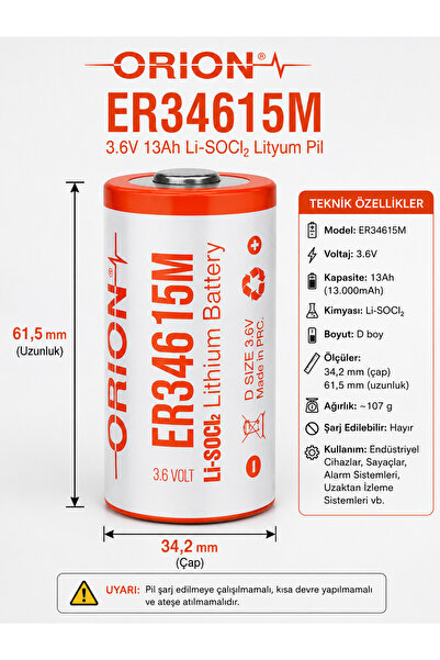 Orion ER34615M 3.6V 13Ah Li-SOCl2 D Boy Lityum Pil