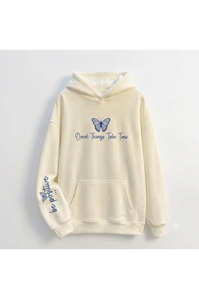 Urban Look Butterfly & Flowers Printed White Oversize Hooded Sweatshirt Women...