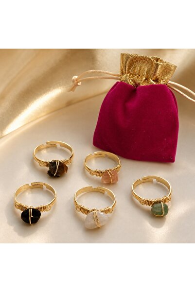 Ceyyiz 5-Piece Natural Stone Adjustable Women's Ring Set – Gold Color Wire Wr...